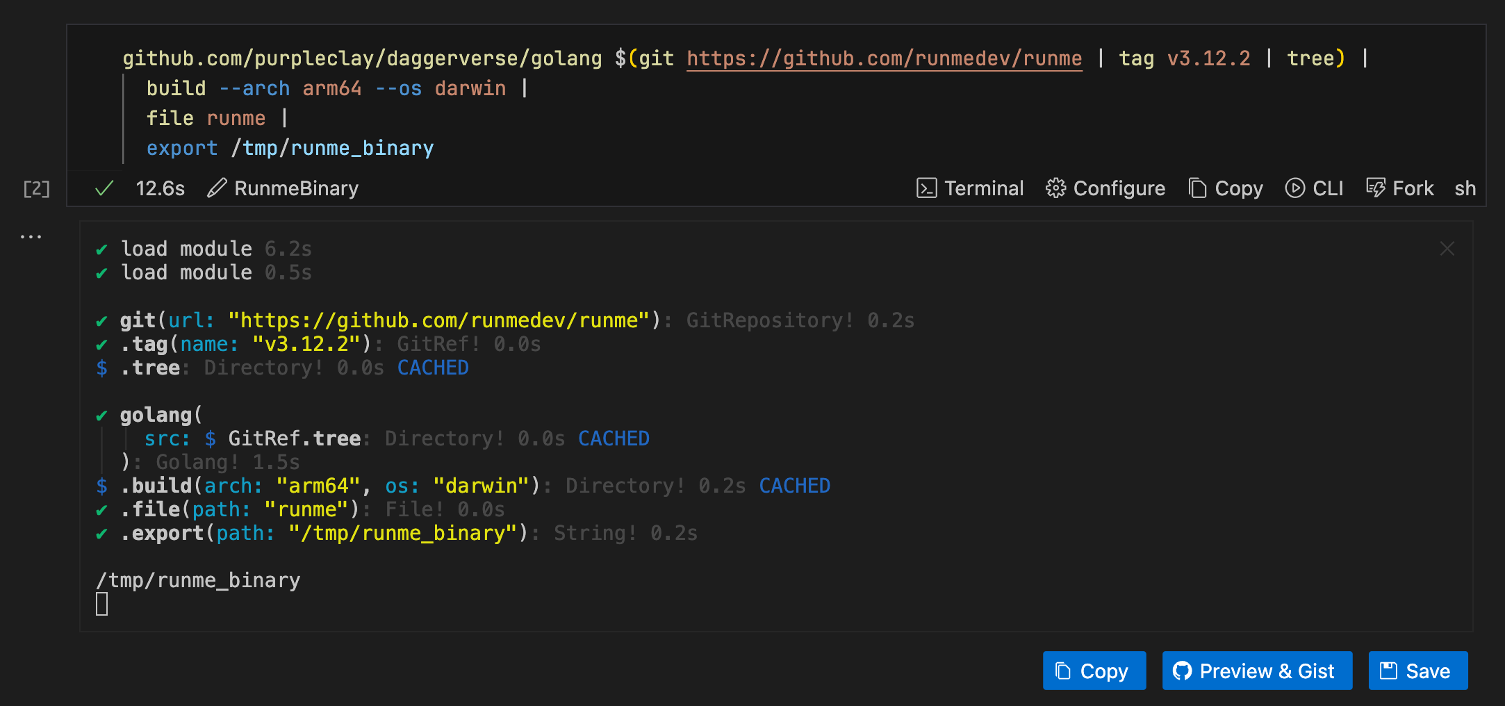build runme binary via dagger shell
